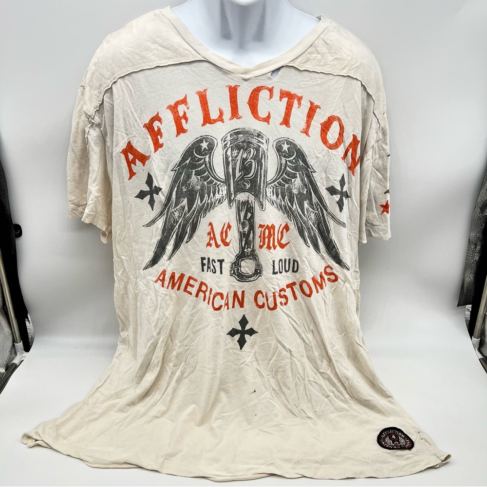 Affliction Cream Short Sleeve Graphic Tee Wings Design Y2K Moto Skater-XXXL